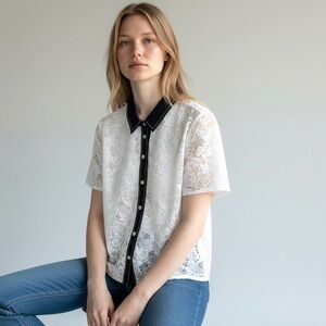 KARL LAGERFELD PARIS Lace Button-Up Blouse Contrast-Trim Point Collar